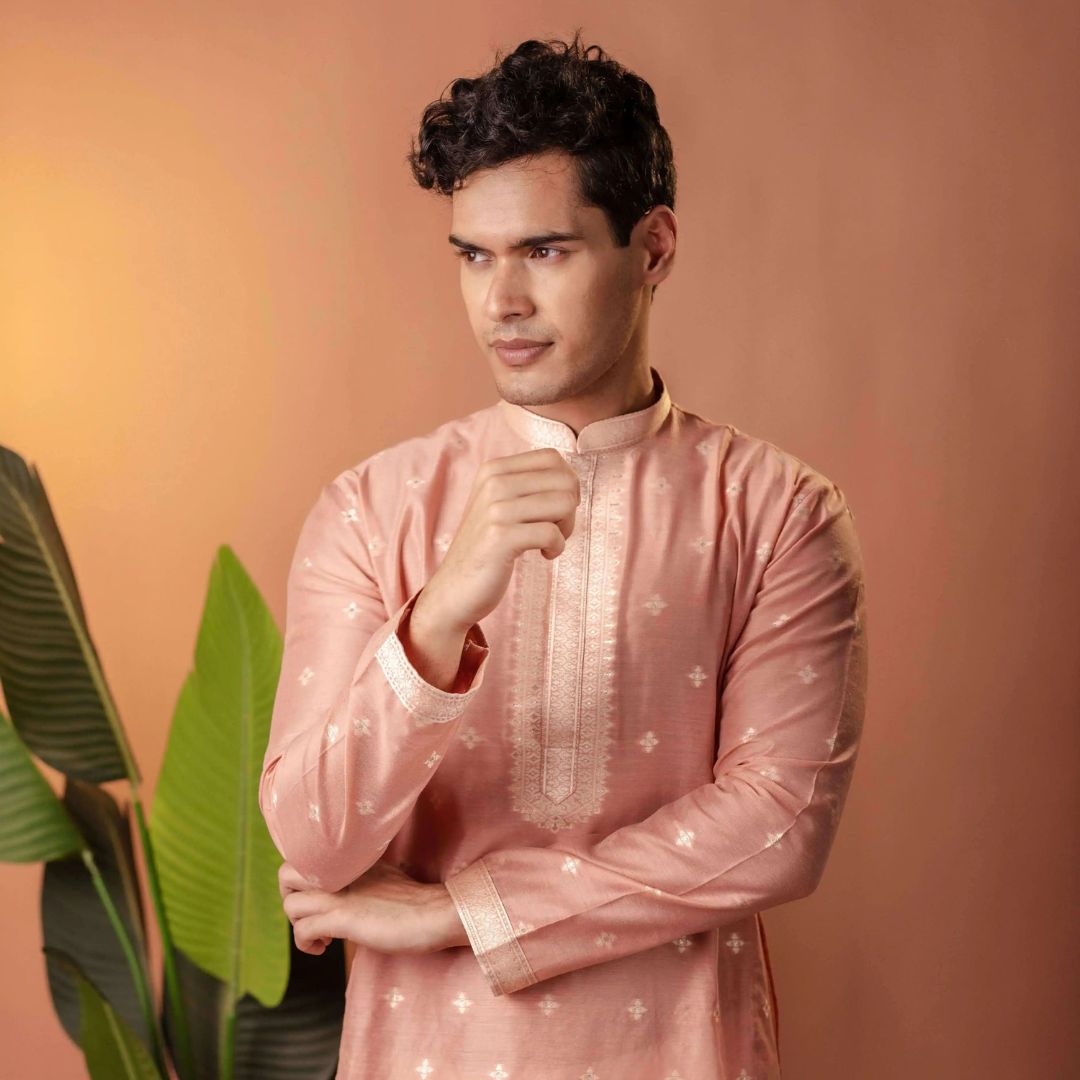 Suutraa Men's Pink Silk Kurta with Neck Emb - suutraa.com