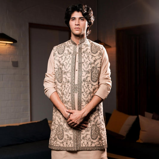 Suutraa Mens's Peach Long Kurta Jacket Pant Set - suutraa.com