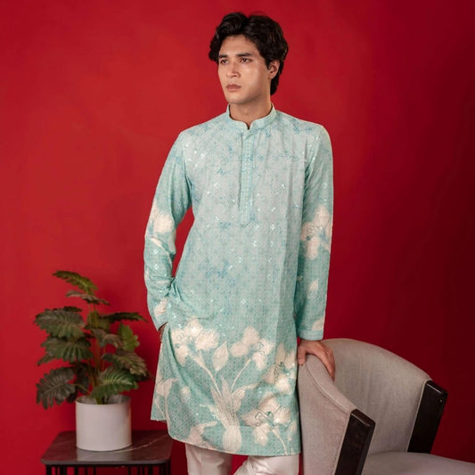 Suutraa Men's Sky Blue Figure Embroided Chikankari Kurta - suutraa.com