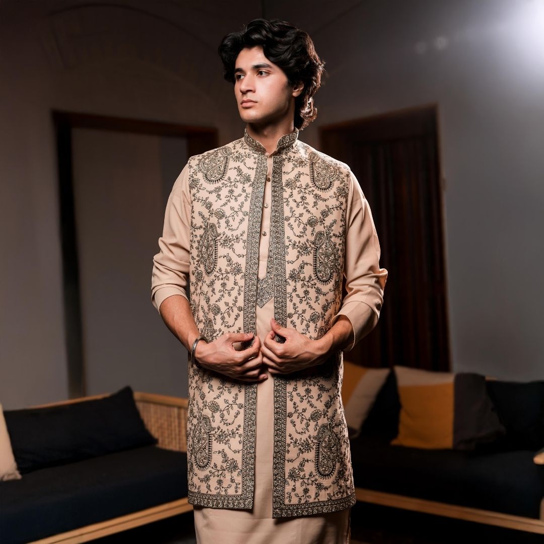 Suutraa Mens's Peach Long Kurta Jacket Pant Set - suutraa.com