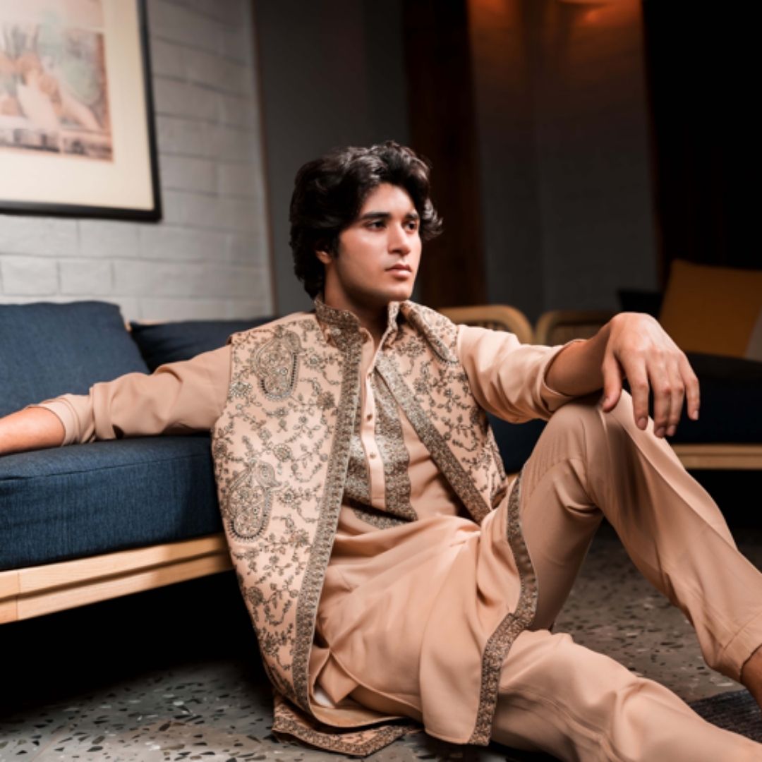 Suutraa Mens's Peach Long Kurta Jacket Pant Set - suutraa.com