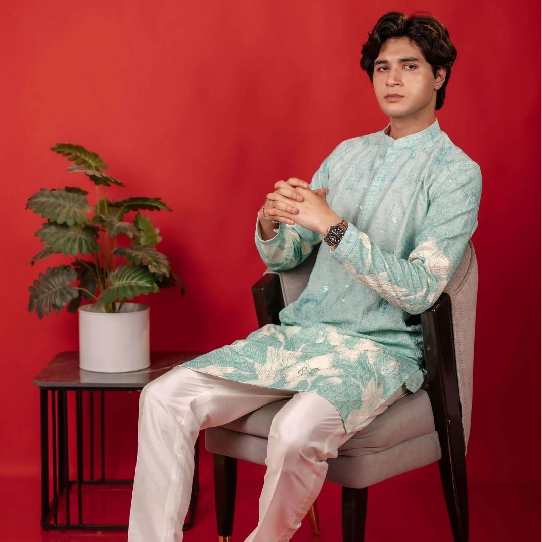 Suutraa Men's Sky Blue Figure Embroided Chikankari Kurta - suutraa.com
