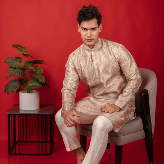 Suutraa Men's Beige Silk Printed Kurta - suutraa.com