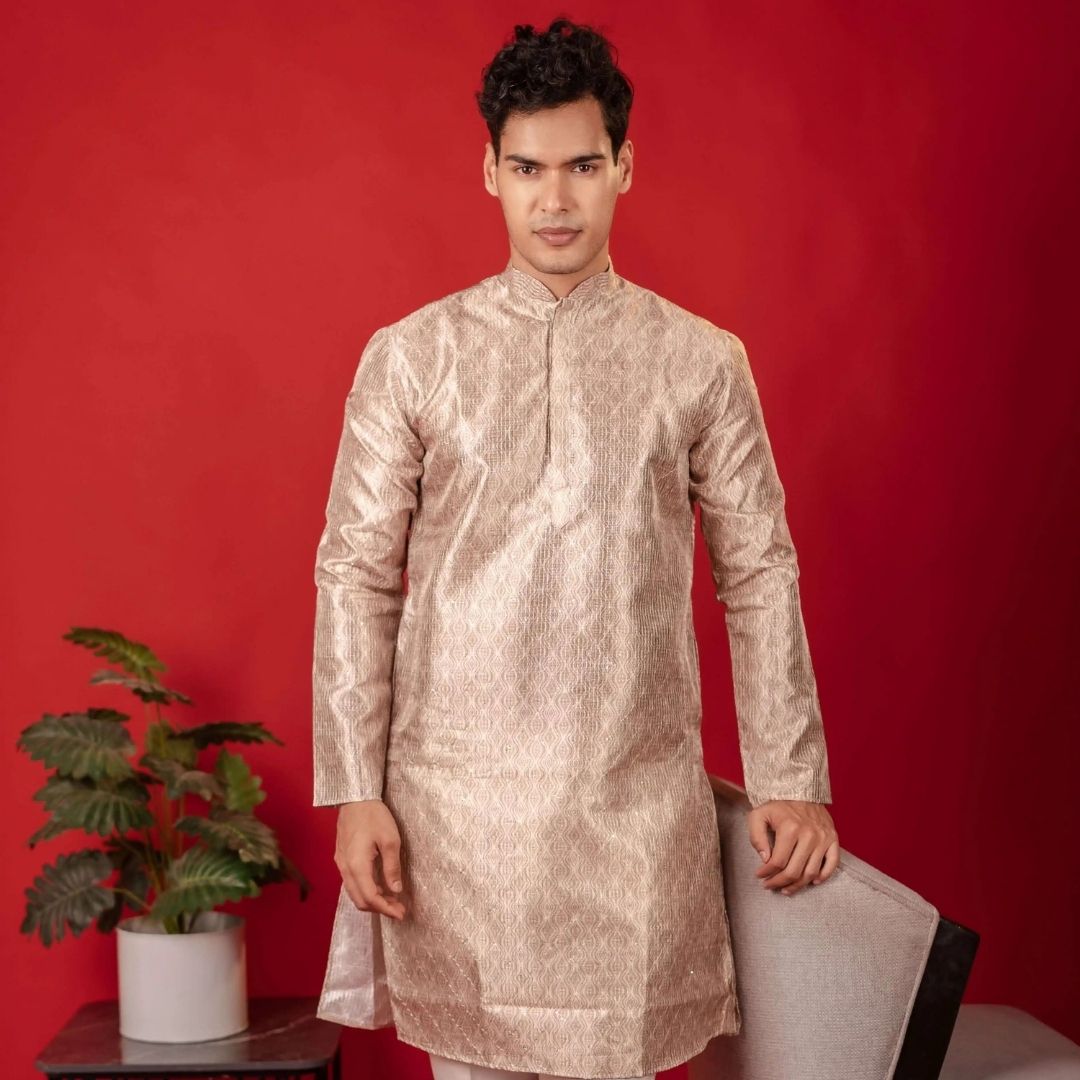 Suutraa Men's Beige Silk Printed Kurta - suutraa.com