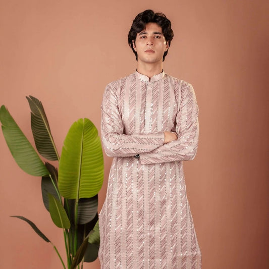 Suutraa Men’s Lavender Silk all over Embroided Kurta - suutraa.com