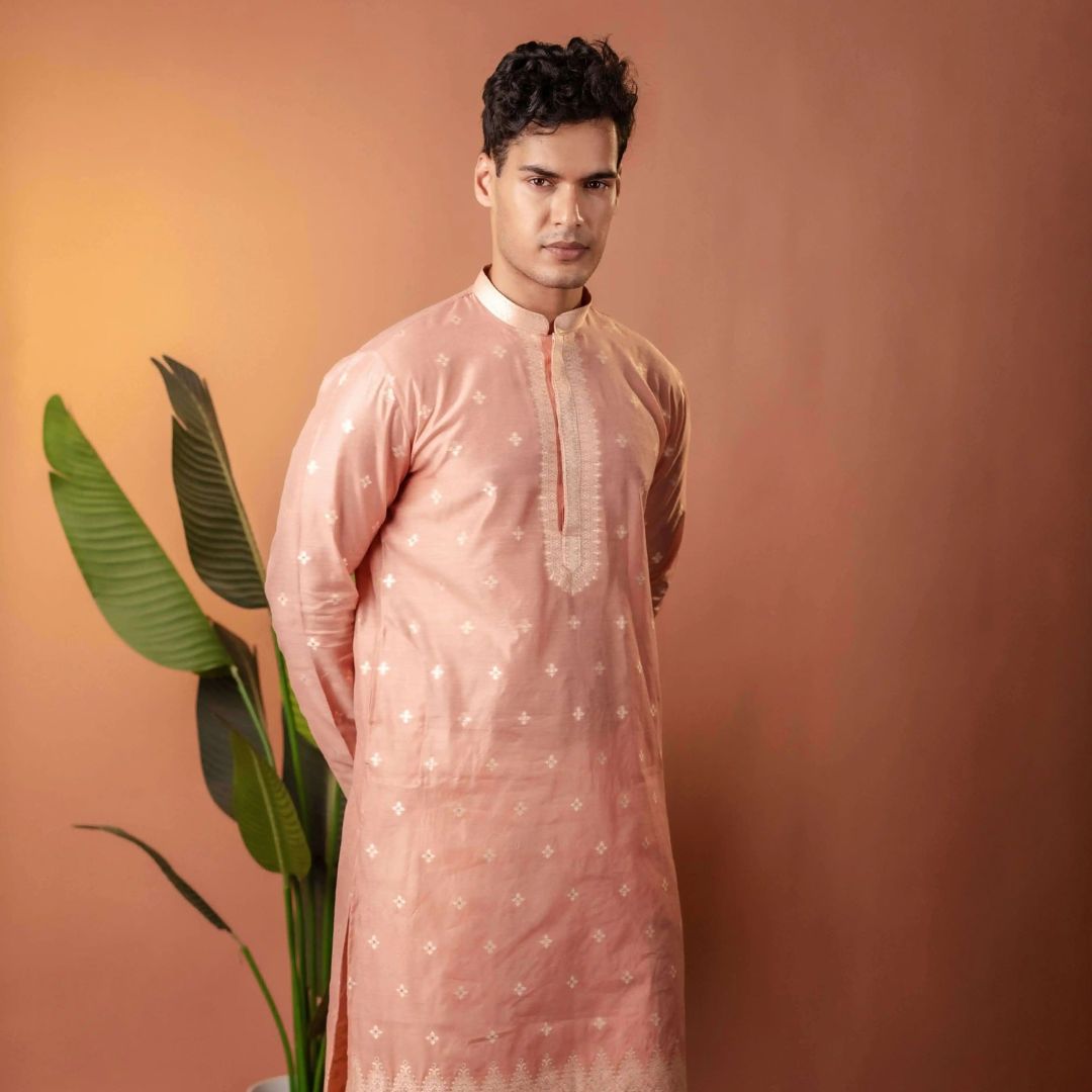 Suutraa Men's Pink Silk Kurta with Neck Emb - suutraa.com
