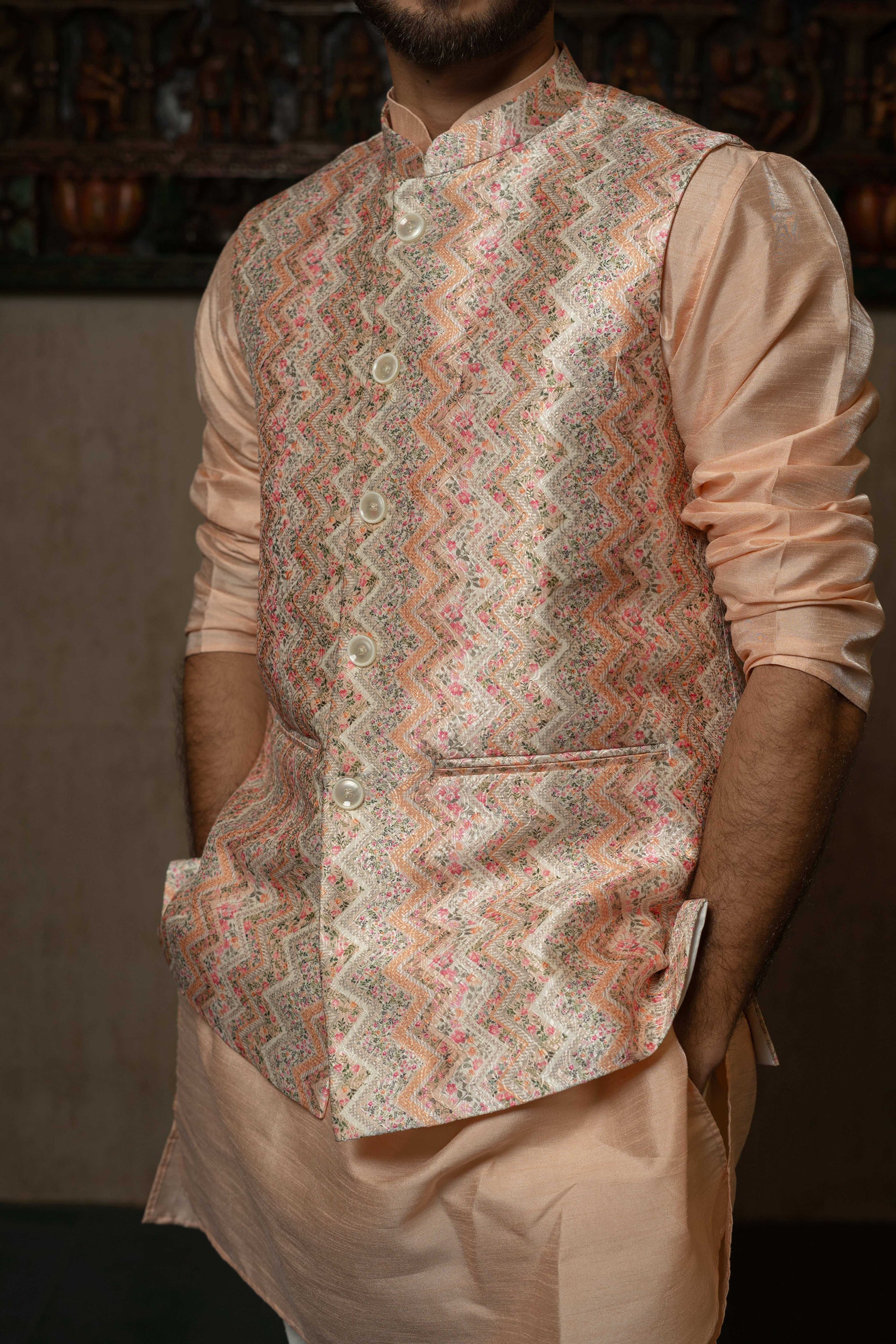 SUUTRAA MEN'S DESIGNER PEACH SILK NEHRU JACKET