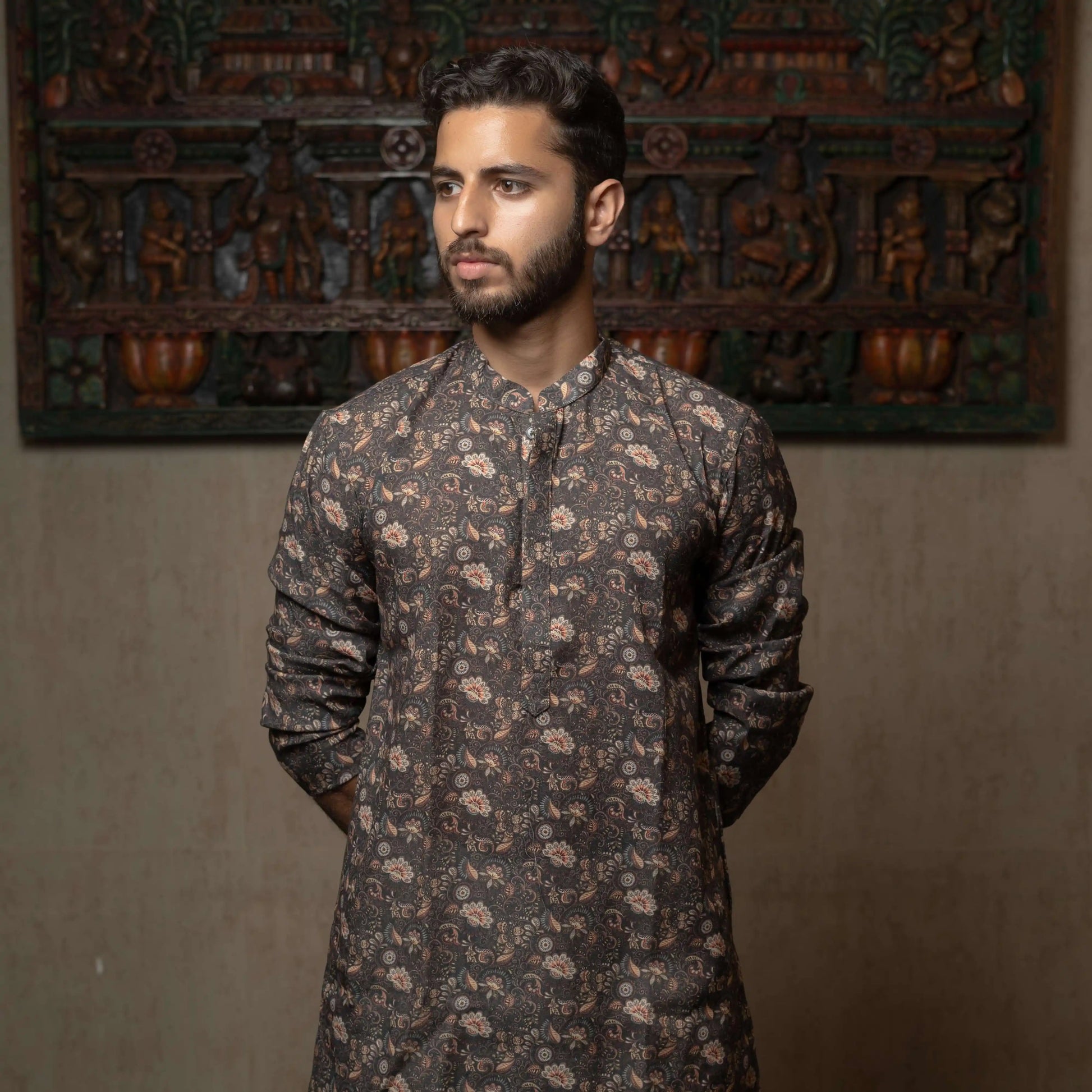 Suutraa Men’s DARK MEHANDI COLOUR PRINTED KURTA WITH BP NECK - suutraa.com