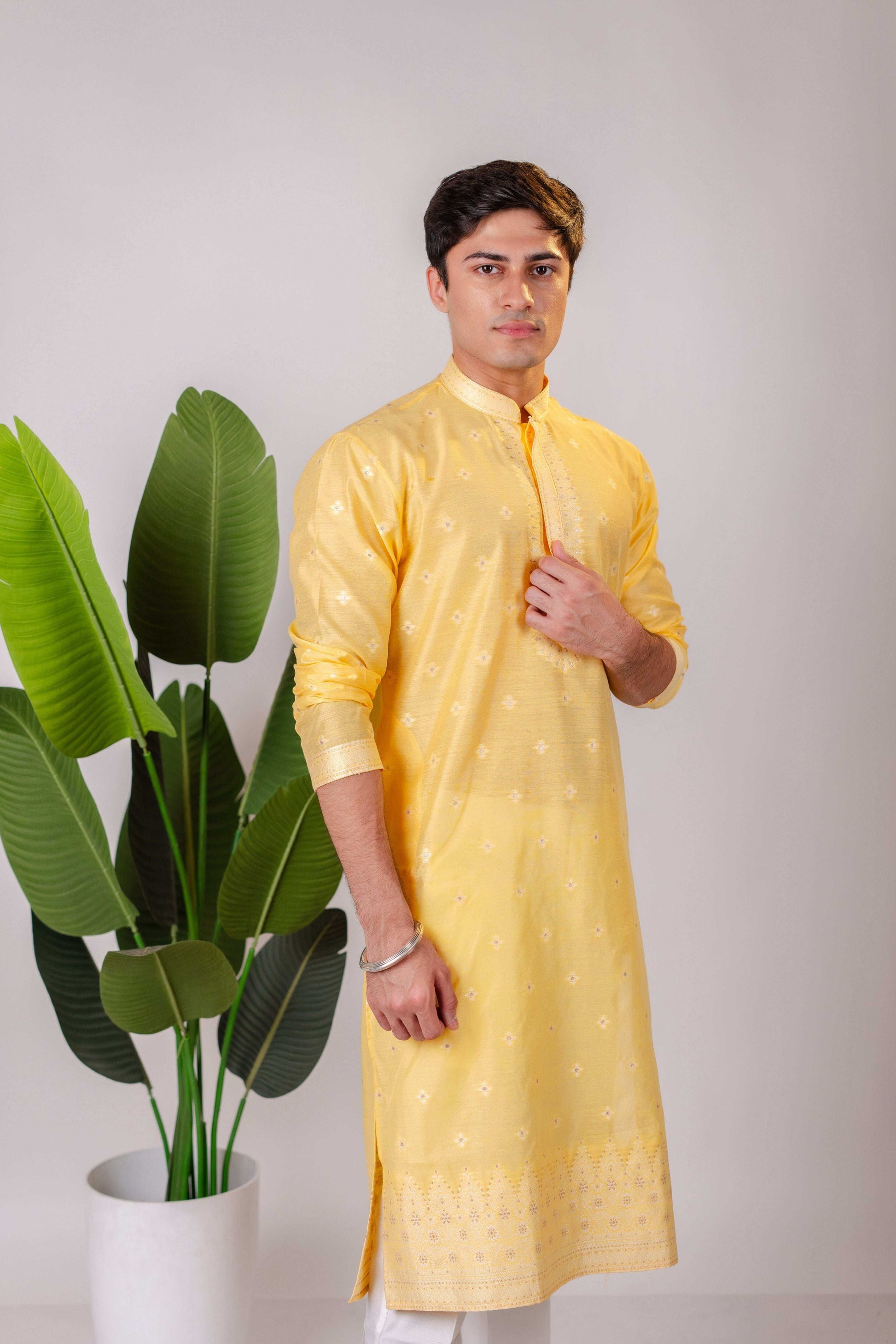 Suutraa Men's Yellow Silk Kurta with Neck Emb