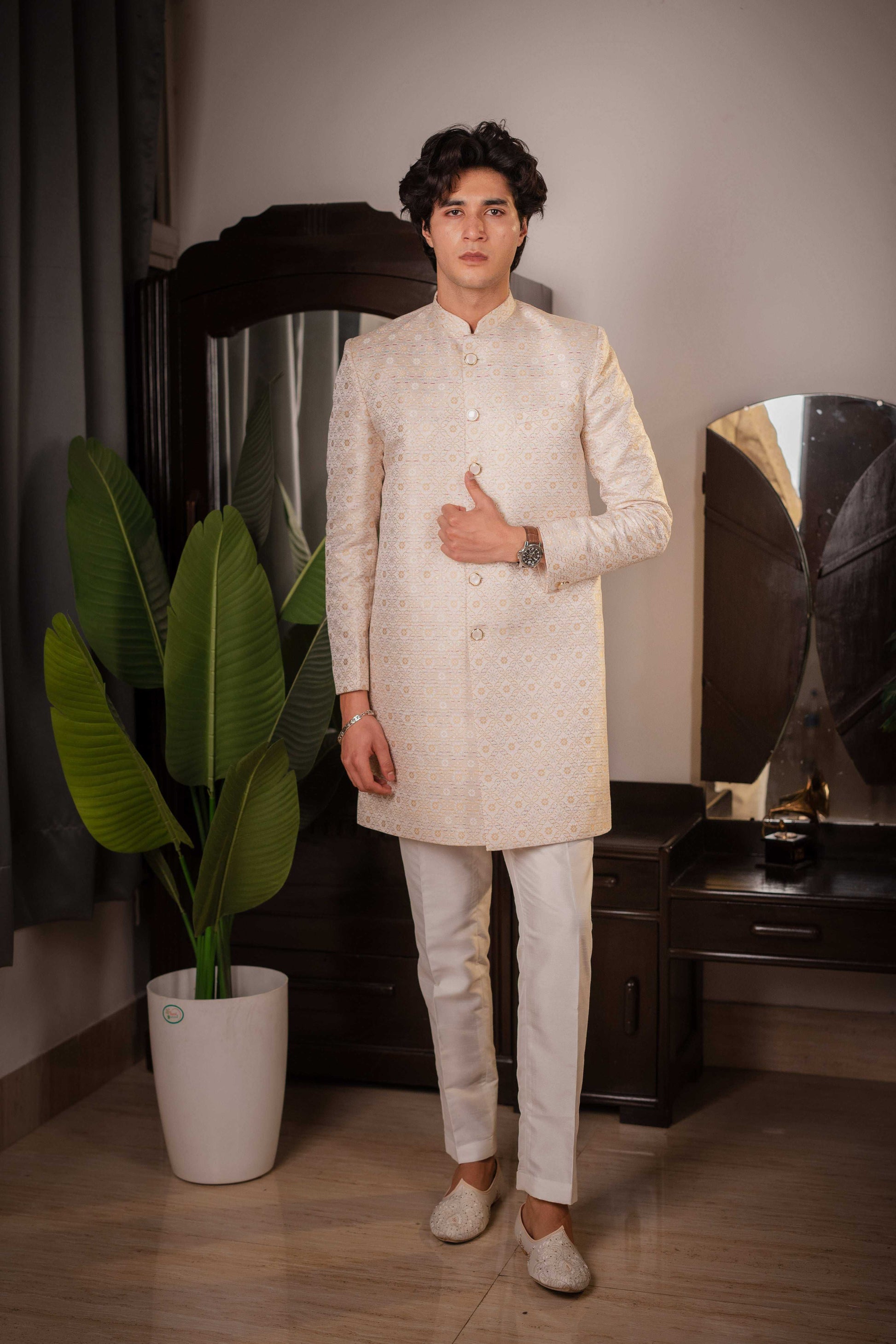 Suutraa Men's Beige Silk Jaquard Indowestern Pyjama Set