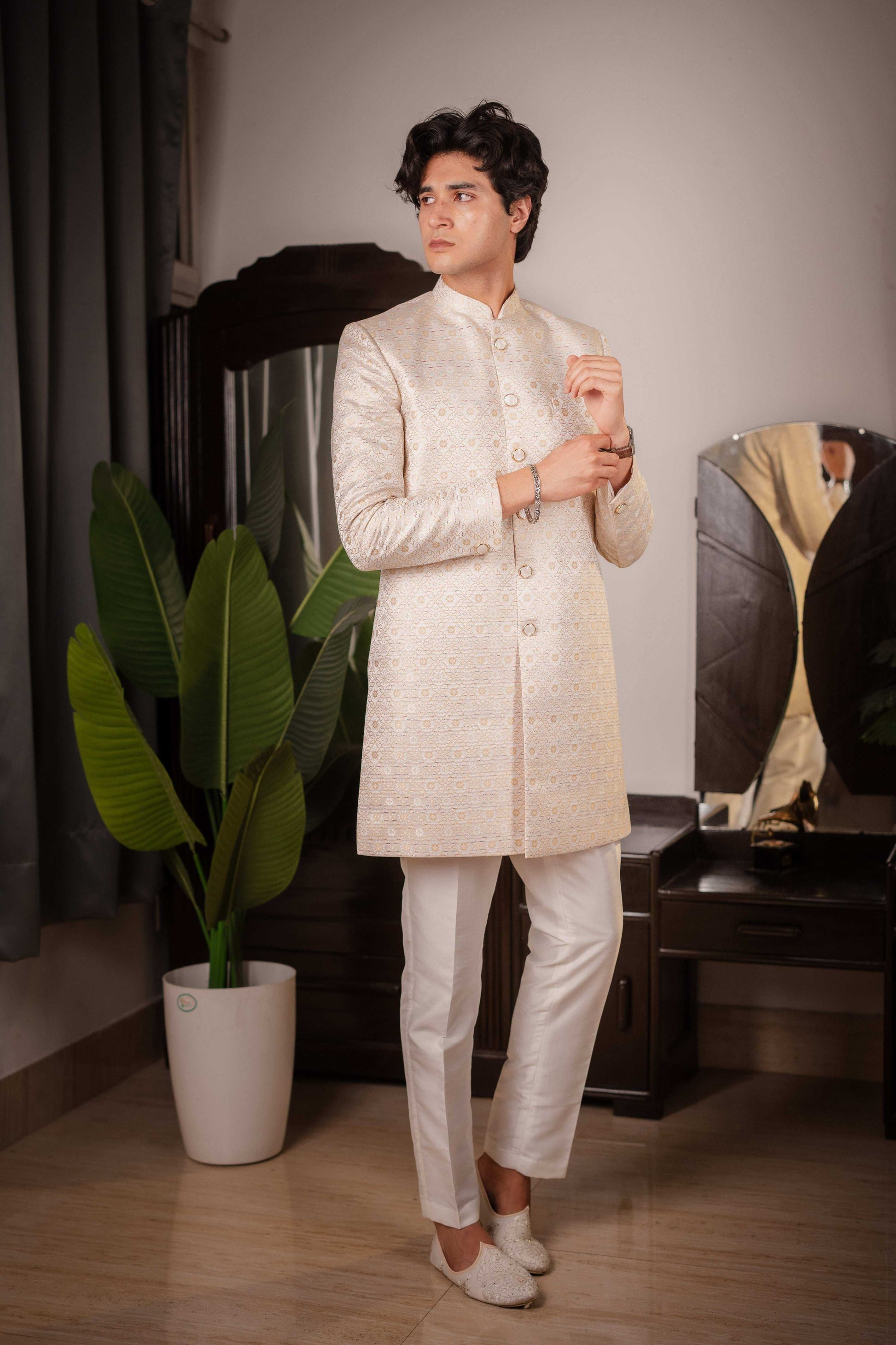 Suutraa Men's Beige Silk Jaquard Indowestern Pyjama Set