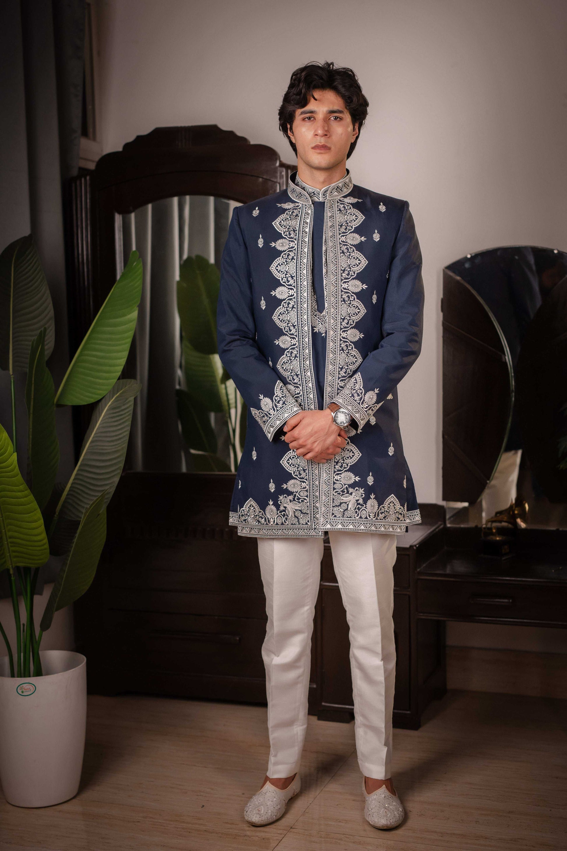 Suutraa Men's Navy Blue Silk Embroided Kurta with Jacket Pyjama Set