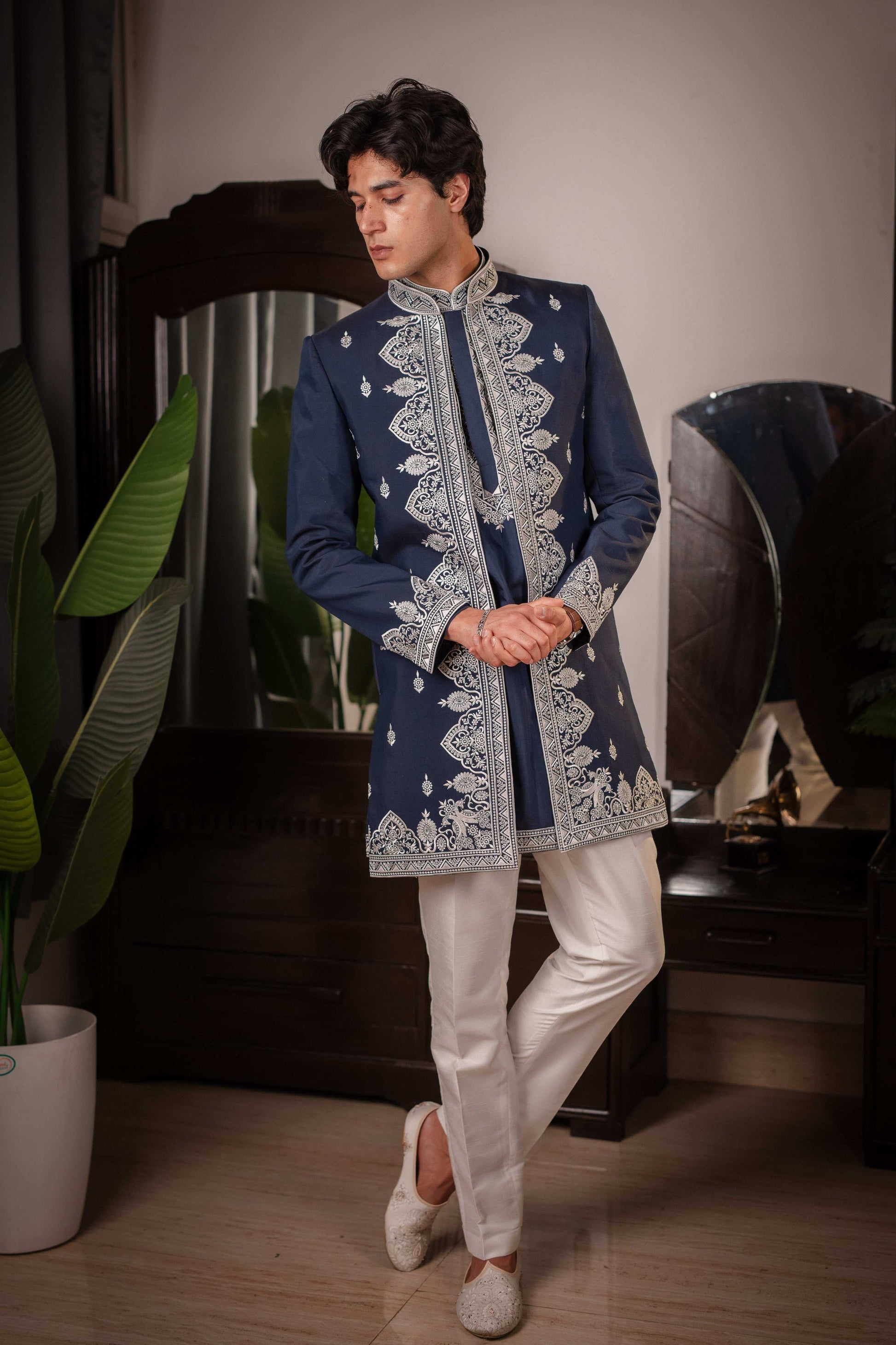 Suutraa Men's Navy Blue Silk Embroided Kurta with Jacket Pyjama Set