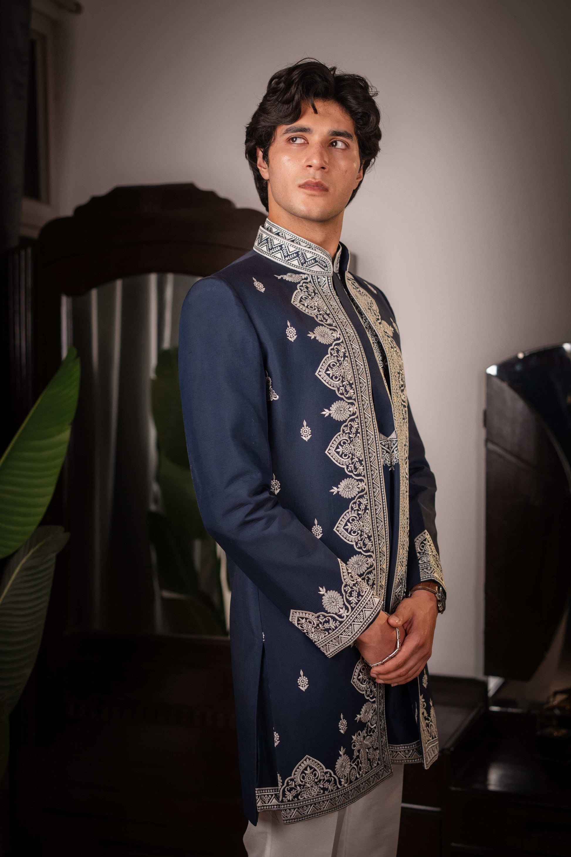 Suutraa Men's Navy Blue Silk Embroided Kurta with Jacket Pyjama Set
