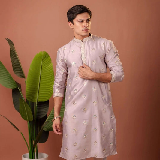 Suutraa Men’s Lavender Silk all over Embroided Kurta - suutraa.com
