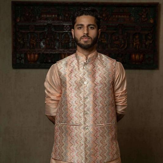 Suutraa Men"s Designer Peach Silk Kurta Pyjama Jacket Set - suutraa.com