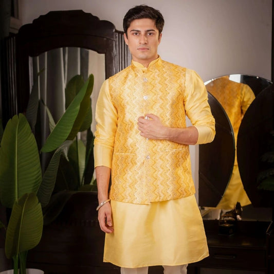 Suutraa Men’s Yellow Kurta Jacket Trouser Set - suutraa.com
