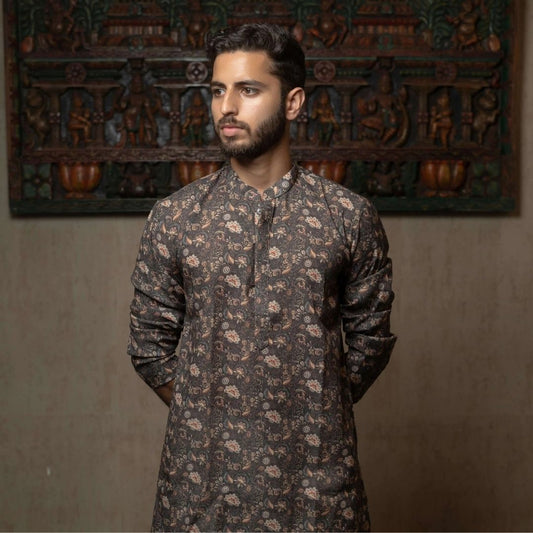 Suutraa Men’s DARK MEHANDI COLOUR PRINTED KURTA WITH BP NECK - suutraa.com