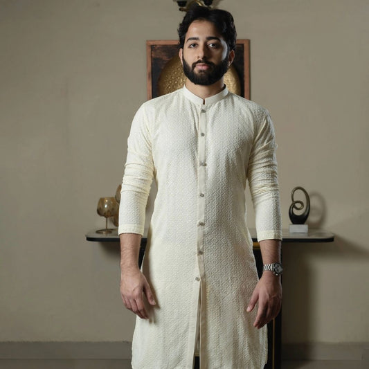 Suutraa Men's Cream Front Open Chikan Kurta - suutraa.com