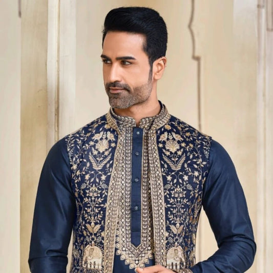 Suutraa Men's Silk Blue Jacket Kurta Pant Set - suutraa.com