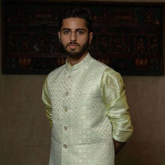 Suutraa Men's Pista Green Silk Kurta Pyjama Jacket Set - suutraa.com