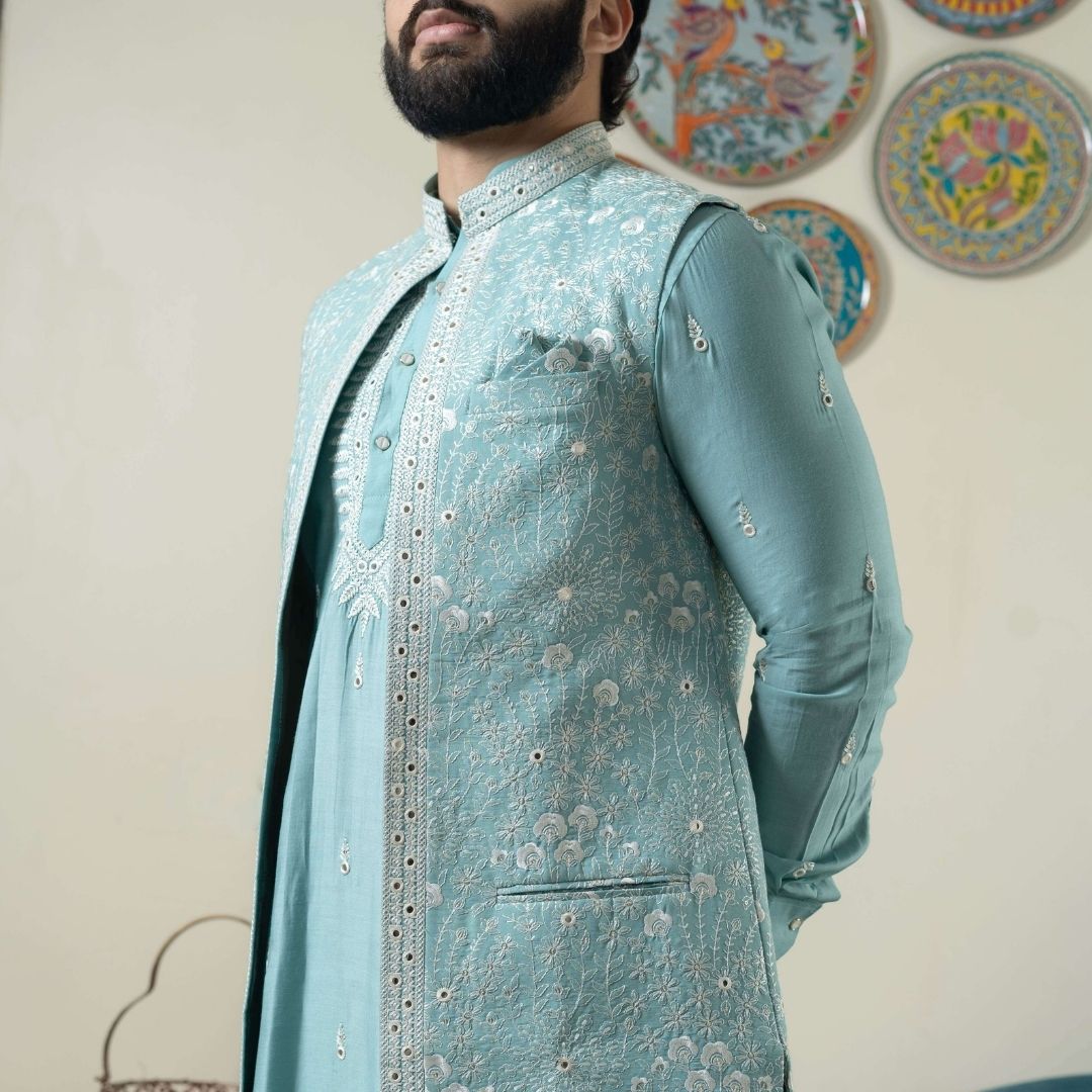 Suutraa Men's Powder Blue Kurta Jacket Set with Churidar - suutraa.com