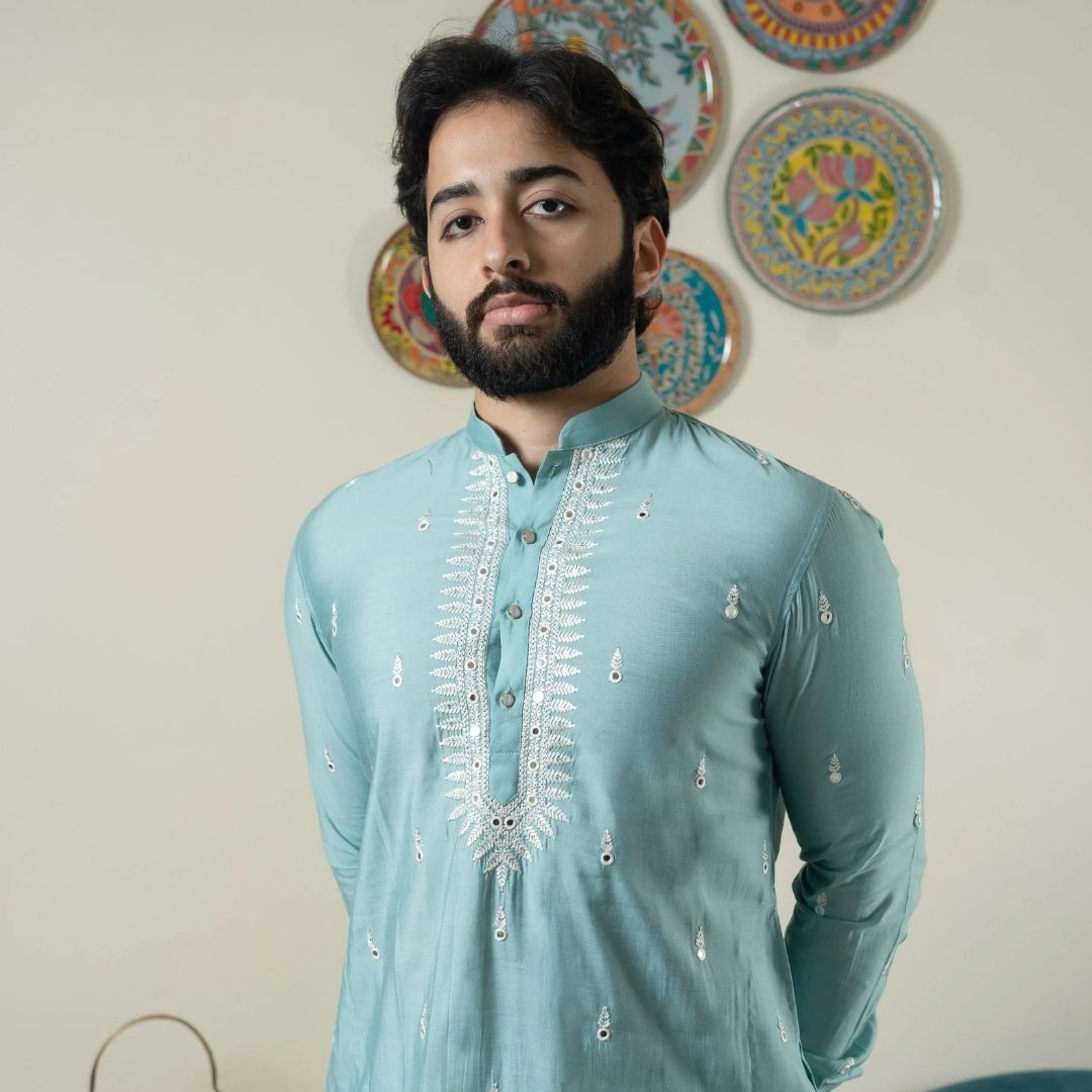 Suutraa Men's Powder Blue Kurta Jacket Set with Churidar - suutraa.com