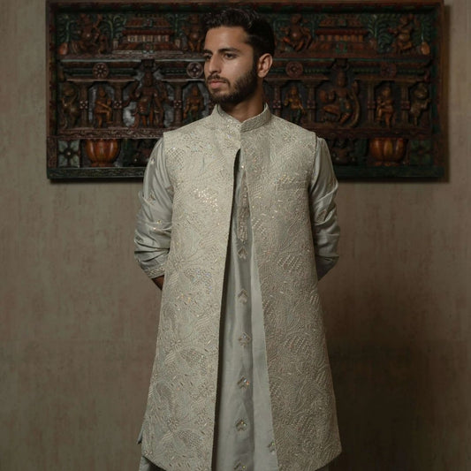 Suutraa Men's Sea Green Silk Embroided Kurta Pyjama Jacket Set - suutraa.com