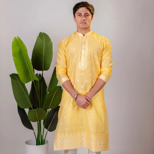 Suutraa Men's Yellow Silk Neck EMB Kurta with Off White Pyjama set - suutraa.com