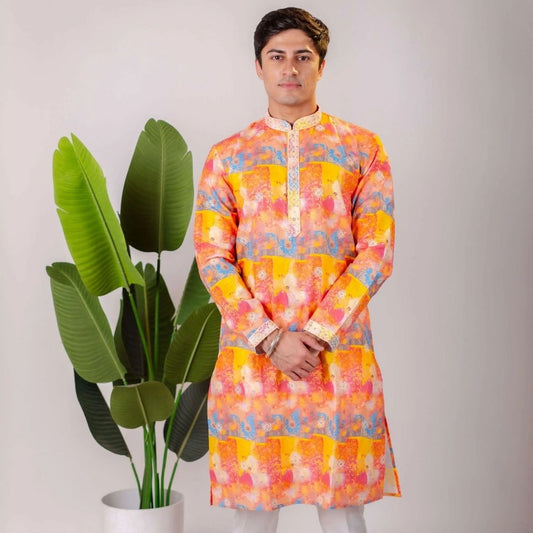 Suutraa Men's Multiprinted Linen CP Kurta With Off White Pyjama Set - suutraa.com