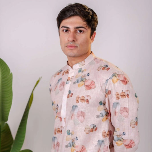 Suutraa Men's Baby Pink Linen Oil Printed Kurta - suutraa.com