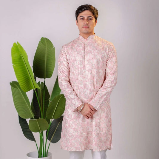 Suutraa Men's Lavender Coding Embroided Kurta With Off White Pyjama Set - suutraa.com