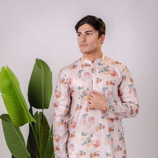 Suutraa Men's Baby Pink Linen Oil Printed Kurta - suutraa.com