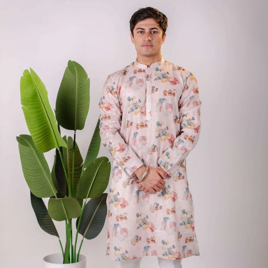 Suutraa Men's Baby Pink Linen Oil Printed Kurta With Off White Pyjama Set - suutraa.com
