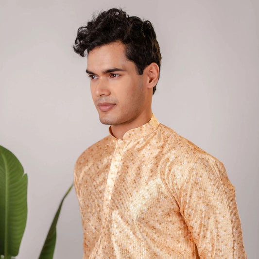 Suutraa Men's Gold Silk Printed Kurta With Off White Pyjama Set - suutraa.com