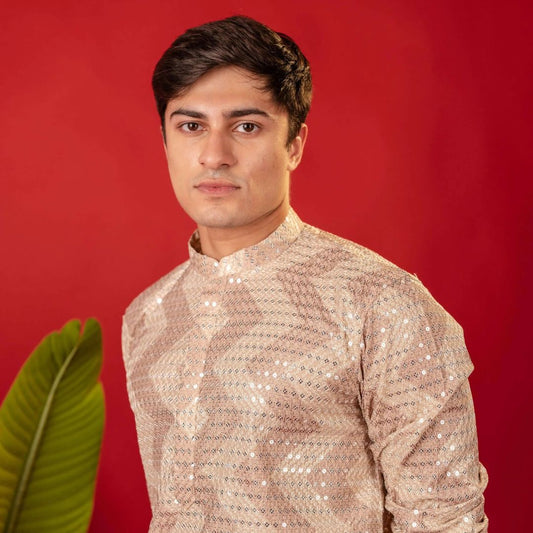 Suutraa Men's Rose Gold All Over Embroided Kurta With Off white Pyjama Set - suutraa.com