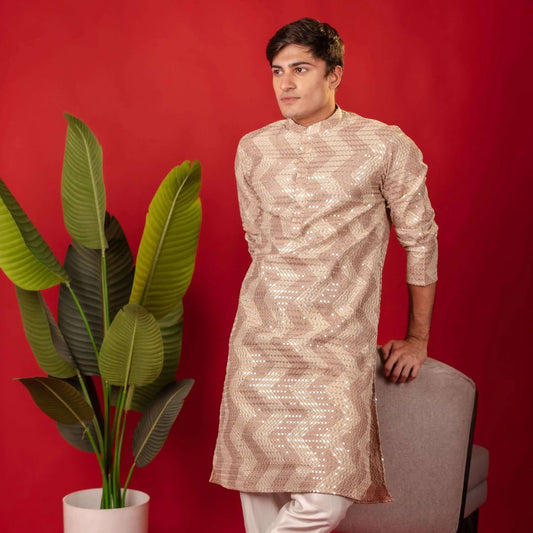 Suutraa Men's Rose Gold All Over Embroided Kurta With Off white Pyjama Set - suutraa.com