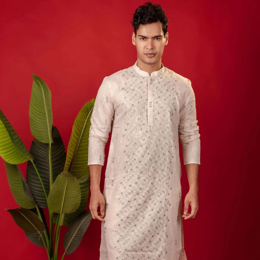Suutraa Men's Cream Linen Embroided Kurta With Off White Pyjama Set - suutraa.com
