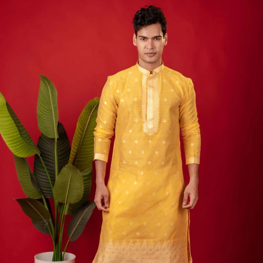 Suutraa Men's Deep Yellow Neck Emb Silk Kurta with Off White Pyjama Set - suutraa.com