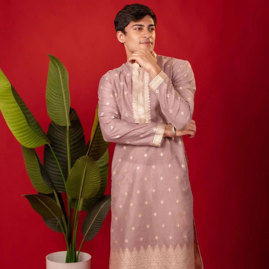 Suutraa Men's Lavender Neck Emb Silk Kurta with Off White Pyjama Set - suutraa.com