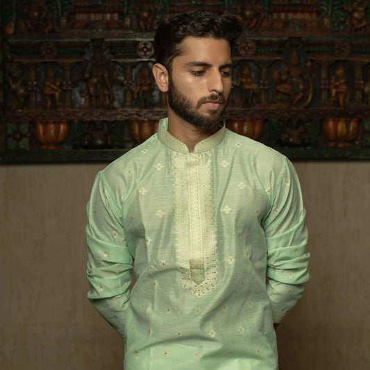 Suutraa Men's Pista Green Neck Emb Silk Kurta with Off White Pyjama Set - suutraa.com