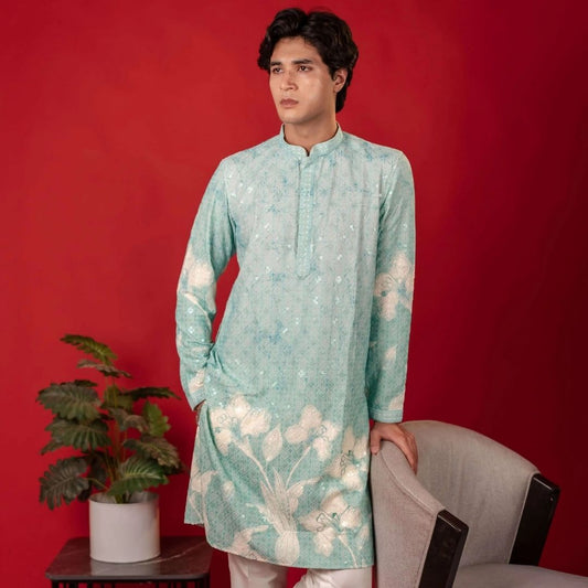 Suutraa Men's Sky Blue Figure Embroided Chikankari Kurta With Off White Pyjama Set - suutraa.com