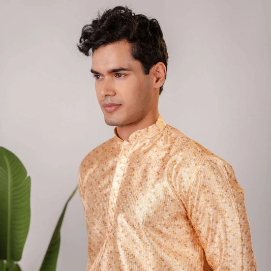 Suutraa Men's Gold Silk Printed Kurta - suutraa.com
