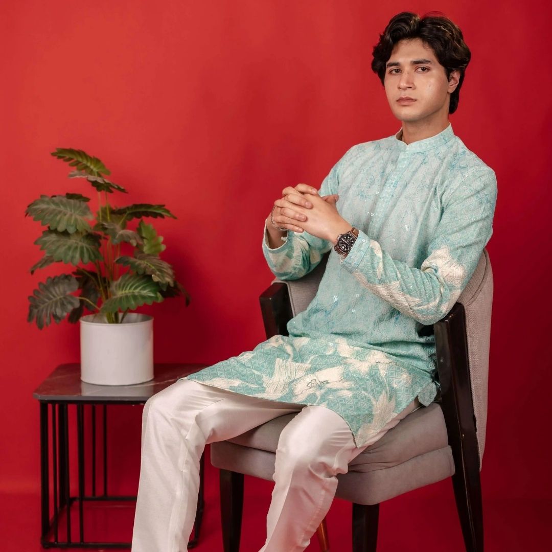 Suutraa Men's Sky Blue Figure Embroided Chikankari Kurta With Off White Pyjama Set - suutraa.com