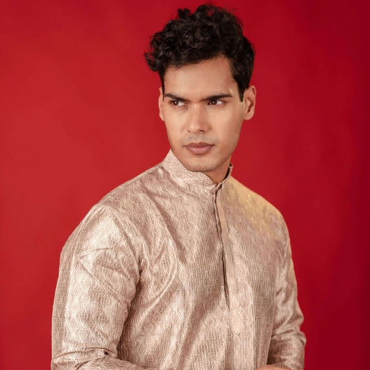 Suutraa Men's Beige Silk Printed Kurta With Off White Pyjama Set - suutraa.com
