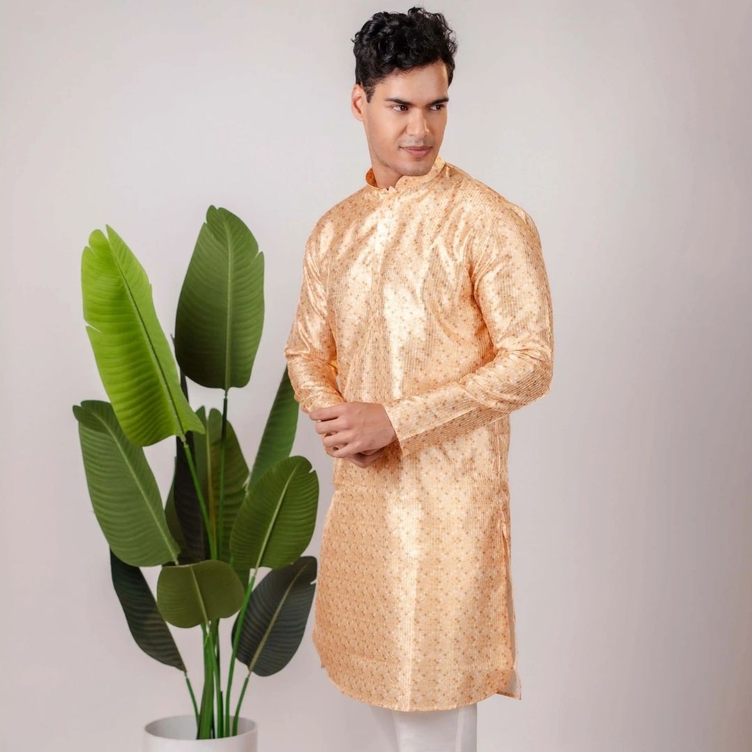 Suutraa Men's Gold Silk Printed Kurta - suutraa.com