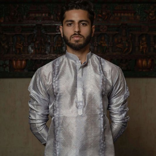 Suutraa Men's Grey Silk Ombre Kurta With Off White Pyjama Set - suutraa.com