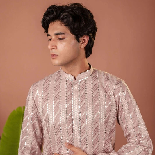 Suutraa Men's Lavender Silk all over Embroided Kurta - suutraa.com