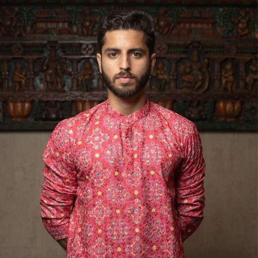 Suutraa Men's Pink Cotton Printed Kurta With Off White Pyjama Set - suutraa.com