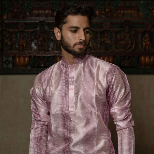 Suutraa Men's Lavender Silk Ombre Kurta With Off White Pyjama Set - suutraa.com
